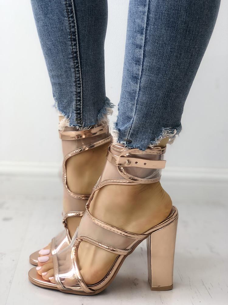 

Transparent Cutout Buckled Chunky Heeled Sandals, Gold