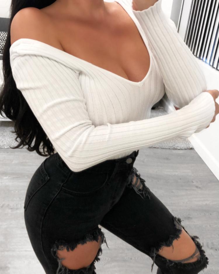 

Solid Double V-Neck Long Sleeve Bodysuit, White