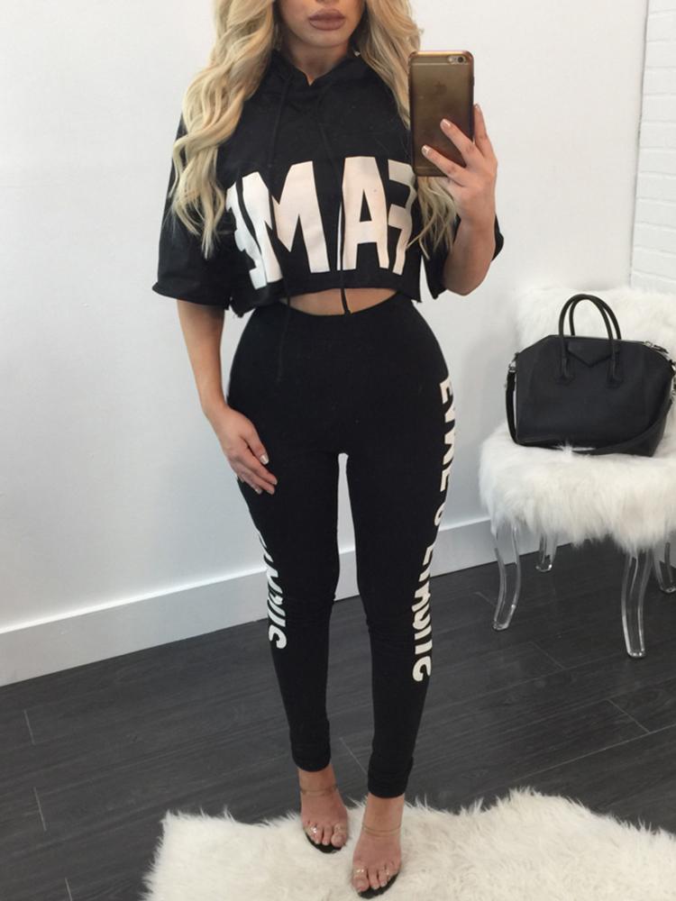 

Letter Printed Drawstring Hoodie Stretchy Sweatshirt Suit Sets, Black