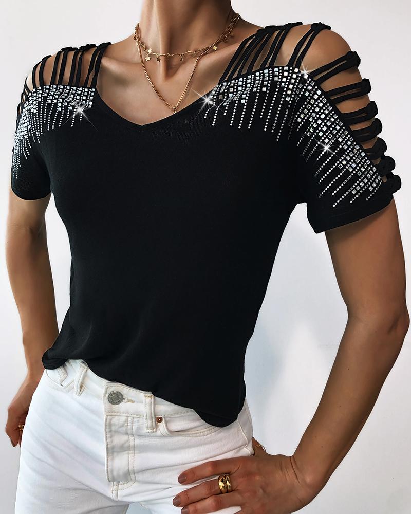 

Rhinestone Cutout Strap T-shirt, Black