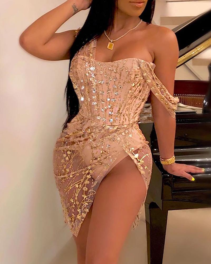

Sequins Patchwork Sleeveless Slinky Bodysuit, Gold