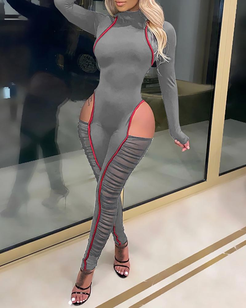 

Colorblock Cutout Sheer Mesh Ruched Jumpsuit, Gray