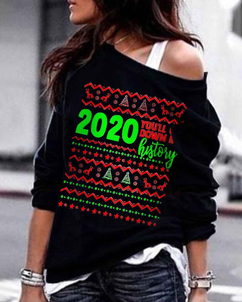 

Christmas Print One Shoulder Long Sleeve Sweatshirt, Black