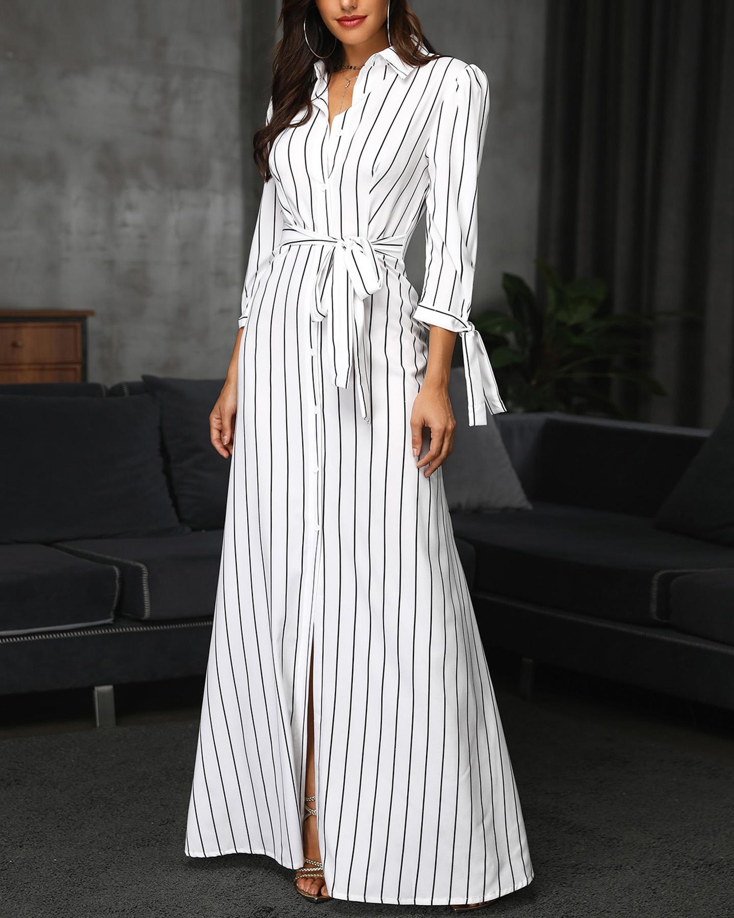 

Striped Tied Detail Shirt Maxi Dress, White