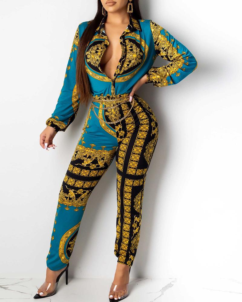 

Turn-down Collar Retro Print Long Sleeve Jumpsuit, Green