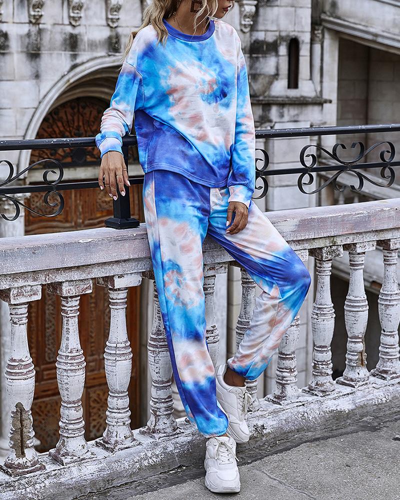 

Tie Dye Print Casual Top & Pants Set, Blue
