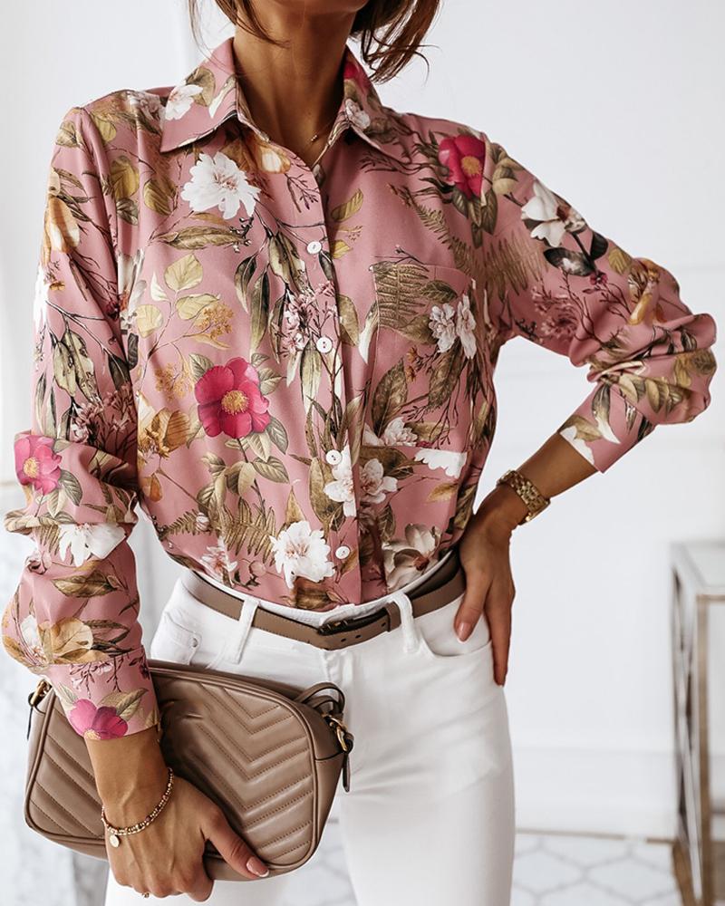 

Floral Print Button-Down Blouse, Pink