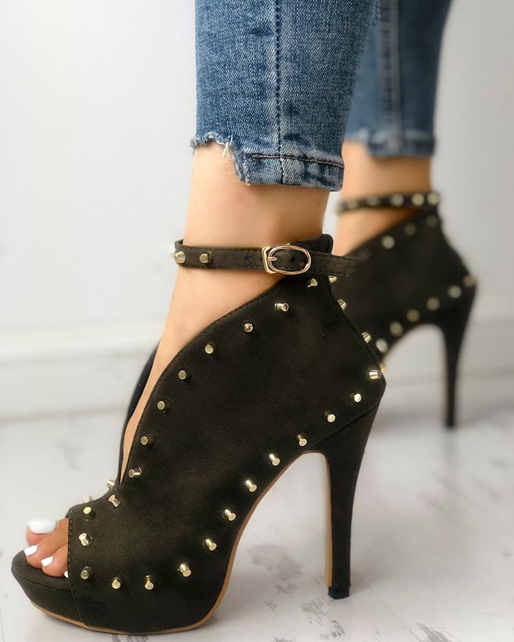 

Rivets Embellished Peep Toe Buckled Thin Heels, Army green