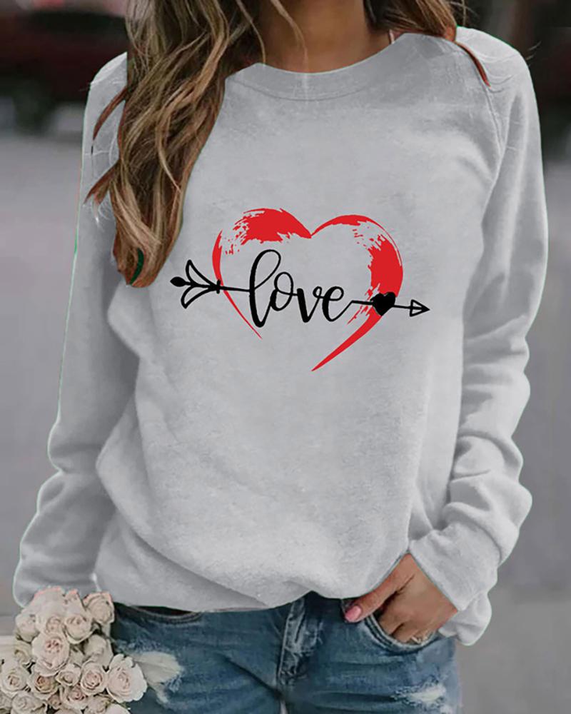 

Letter Heart Print Long Sleeve Sweatshirt, Gray