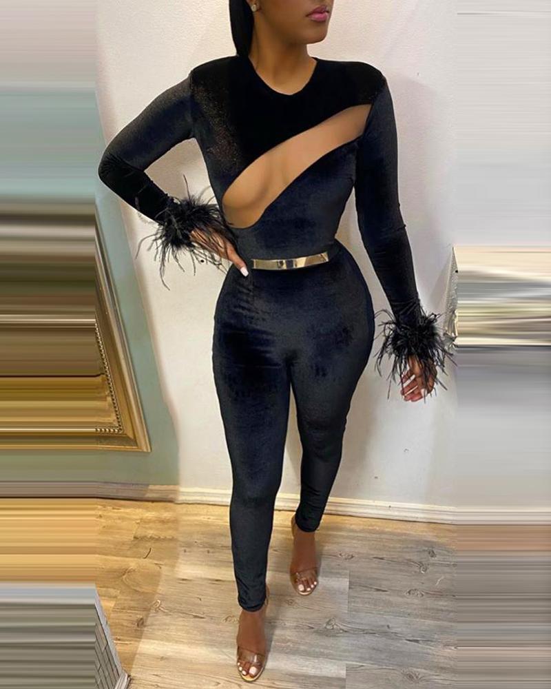 

Sheer Mesh Feather Detail Long Sleeve Jumpsuit, Black