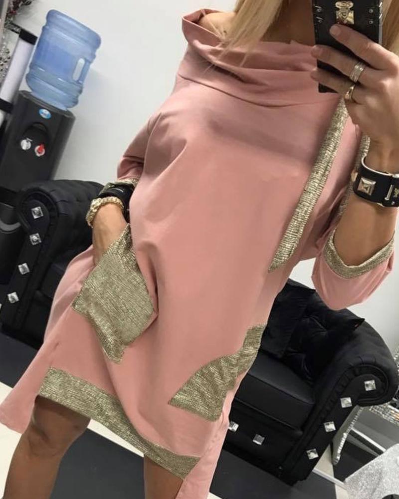 

Long Sleeve Patchwork Casual Dress, Pink