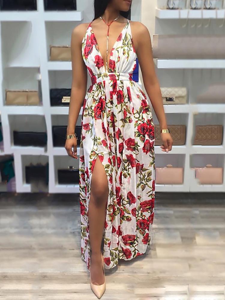 

Floral Strappy Back Crisscross Slit Maxi Dress, Red