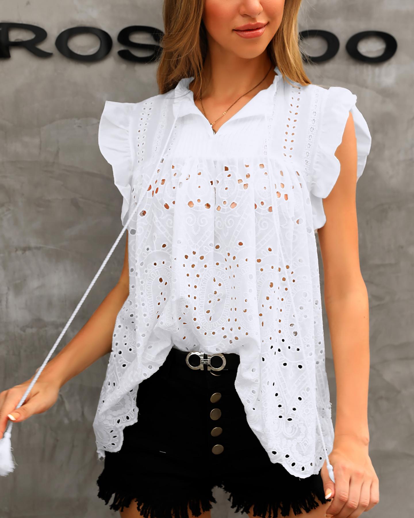 

Solid Hollow Out Lace Flutter Sleeve Blouse, White