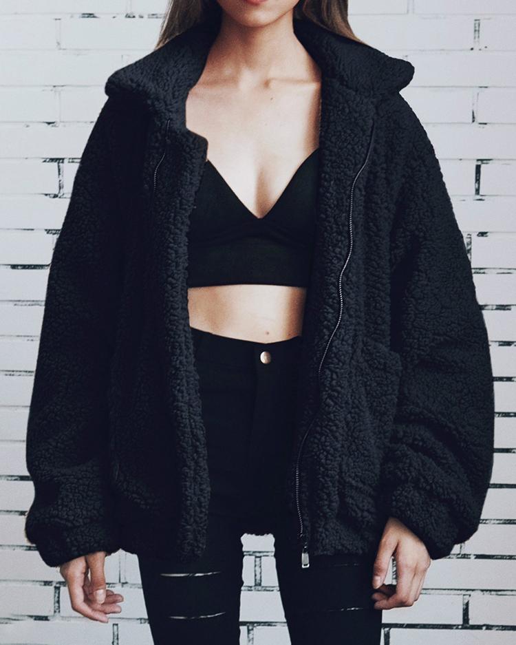 

Fluffy Zipper Up Pocket Design Oversized Coat, Black