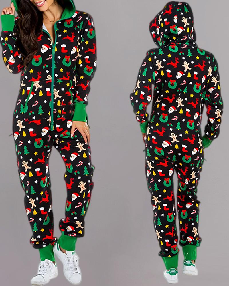 

Christmas Hooded Long Sleeve Casual Jumpsuit, Green