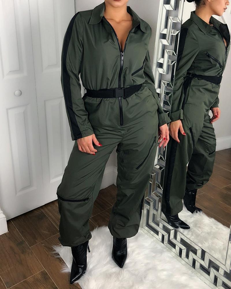 

Zipper Design Jumpsuits With Buckle Belt, Army green