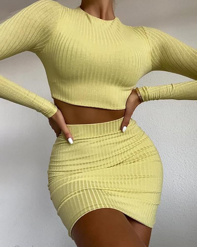 

Plain Long Sleeve Crop Top & High Waist Skirt Set, Yellow