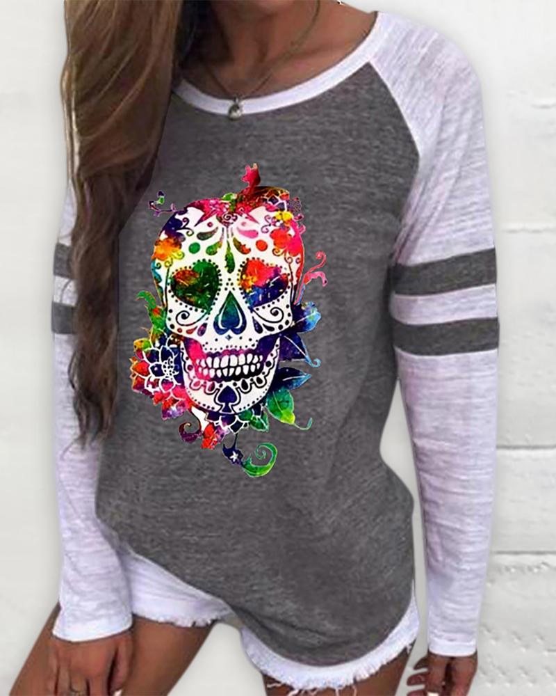 

Long Sleeve Casual Skull Print Sweatshirt, Gray