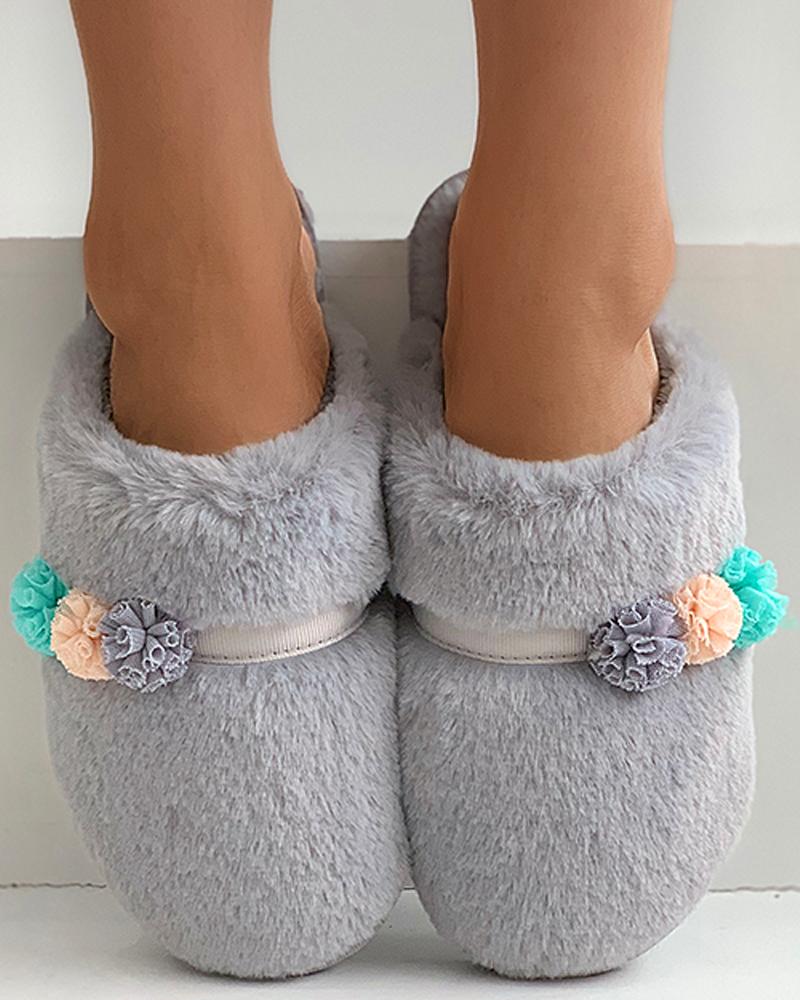 

Floral Pattern Fluffy Slippers, Gray