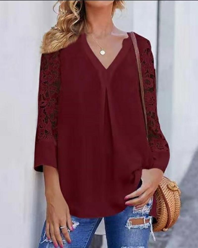 

V-neck Crochet Lace Casual Blouse, Wine red