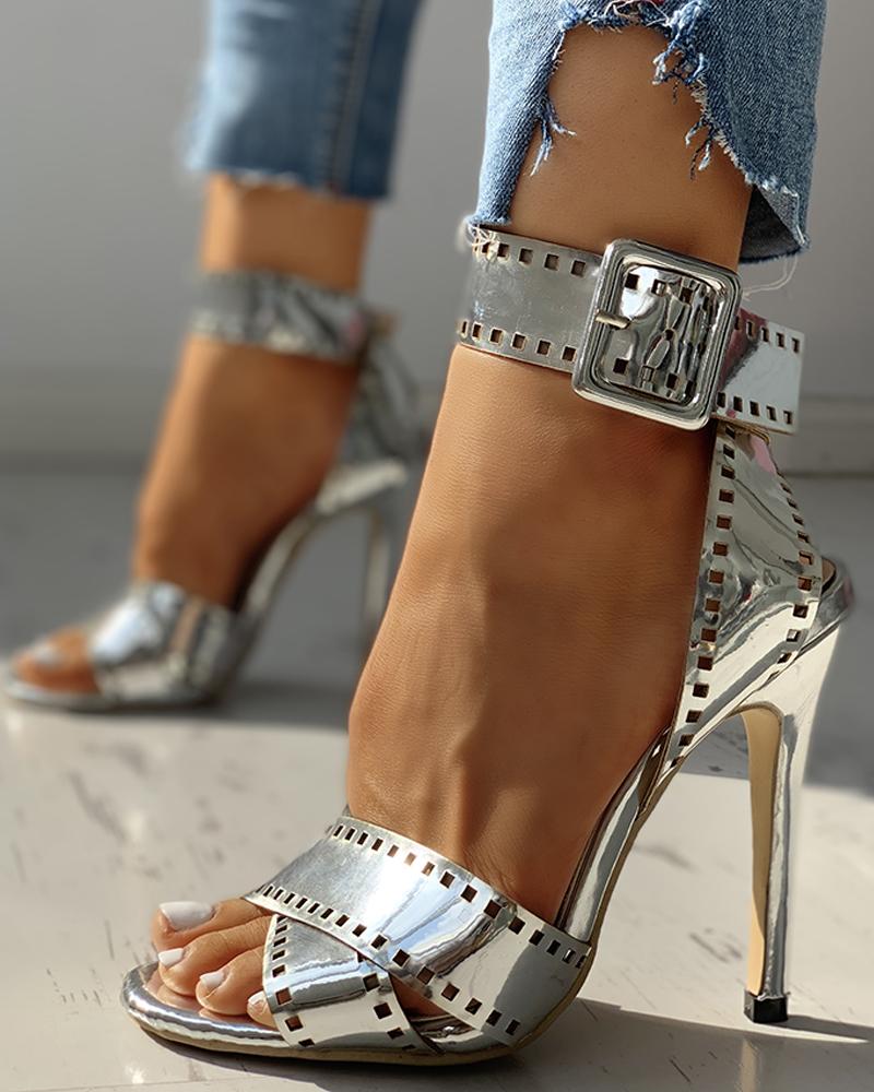 

Peep Toe Ankle-buckled Pu Thin Heeled Sandals, Silver