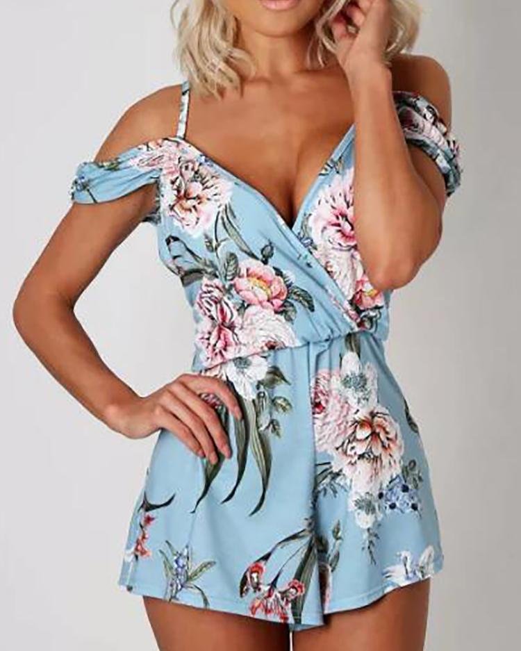 

Floral Print Double V Cold Shoulder Romper, Blue