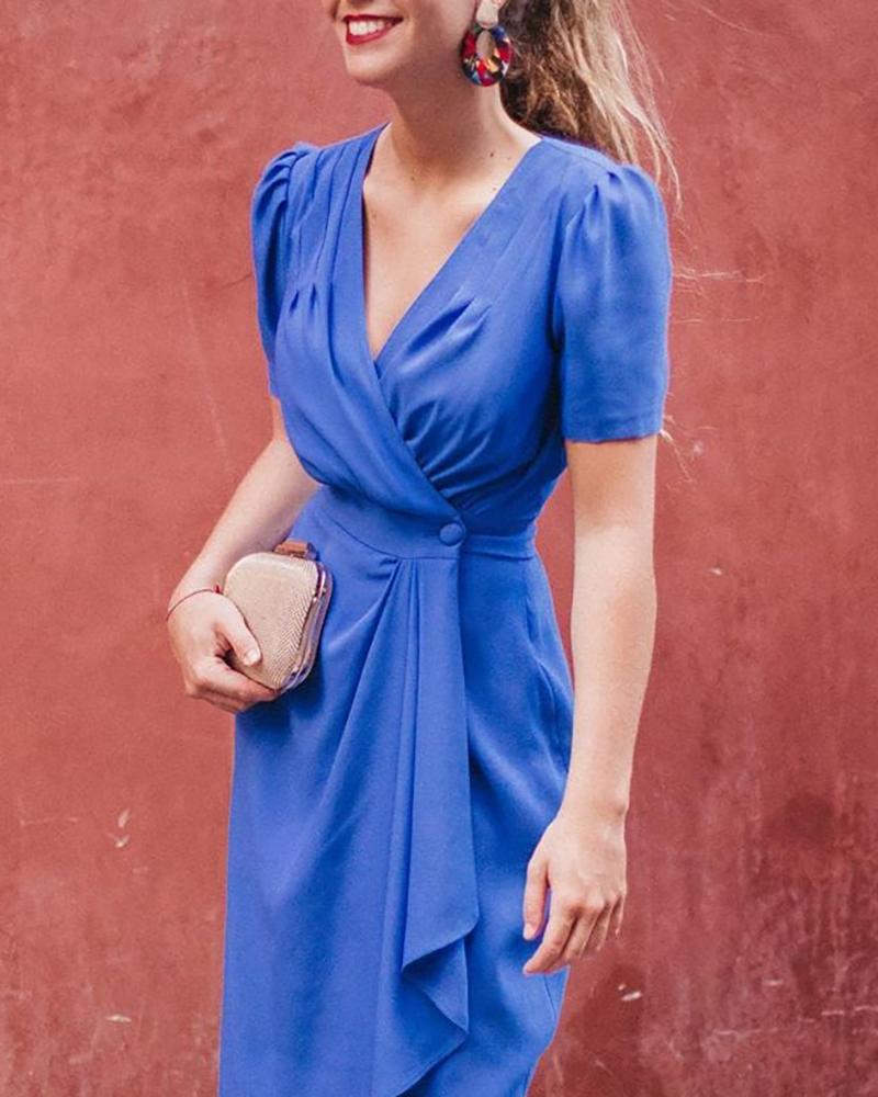 

Solid Ruched V-Neck Wrap Midi Dress