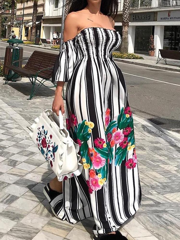 

Floral & Stripes Print Shirring Off Shoulder Maxi Dress, White