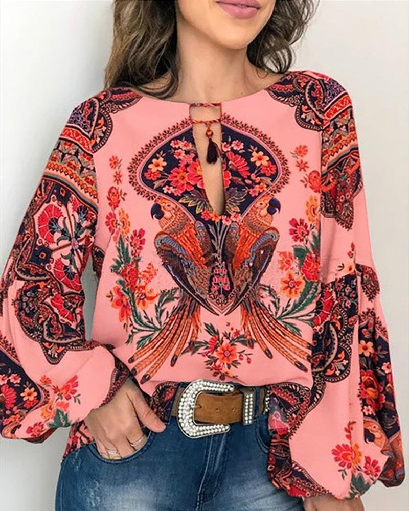 

Exotic Print O-neck Lantern Sleeve Shirt, Red