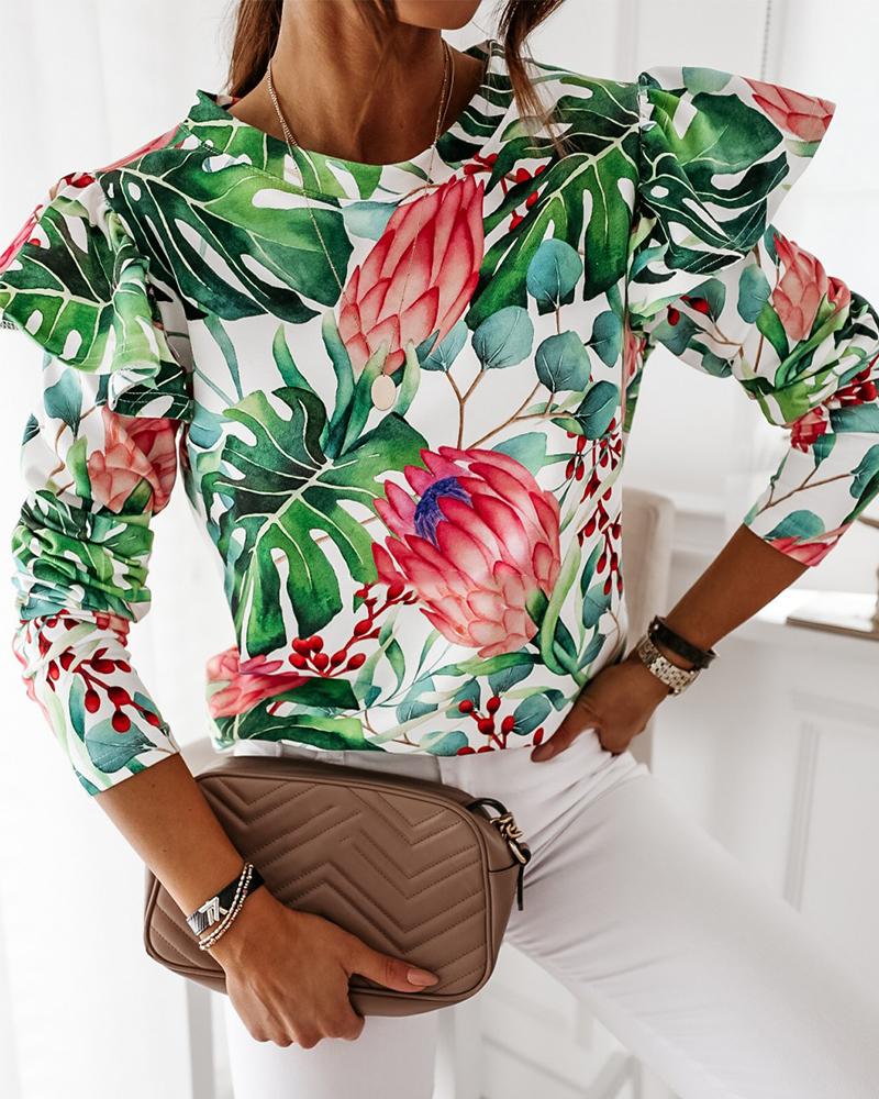 

Tropical Print Ruffle Trim Top, Multicolor