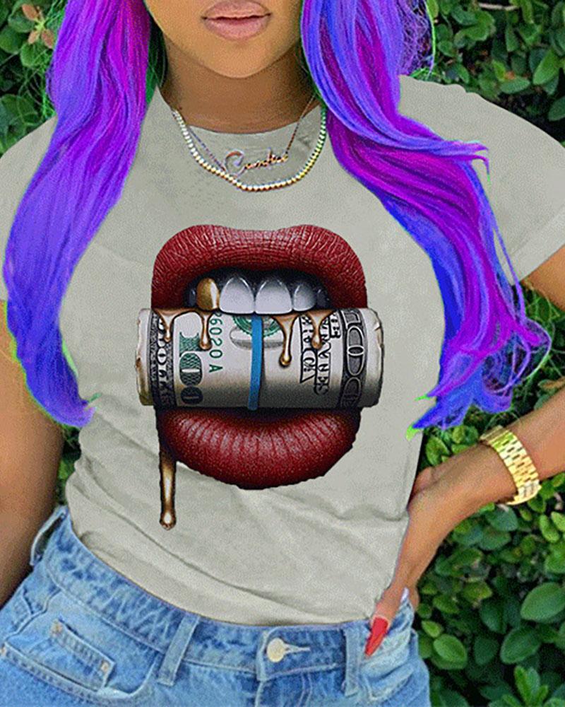 

Lip Print Short Sleeve Casual T-shirt, Gray