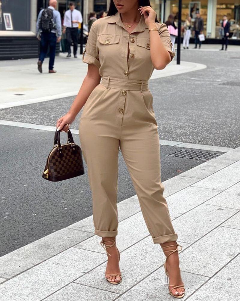 

Short Sleeve Buttoned Cargo Jumpsuit, Khaki