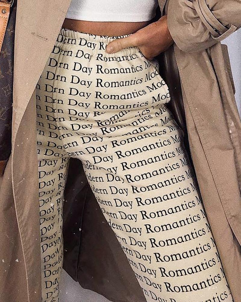 

Letter Print Cuffed Casual Pants, Beige