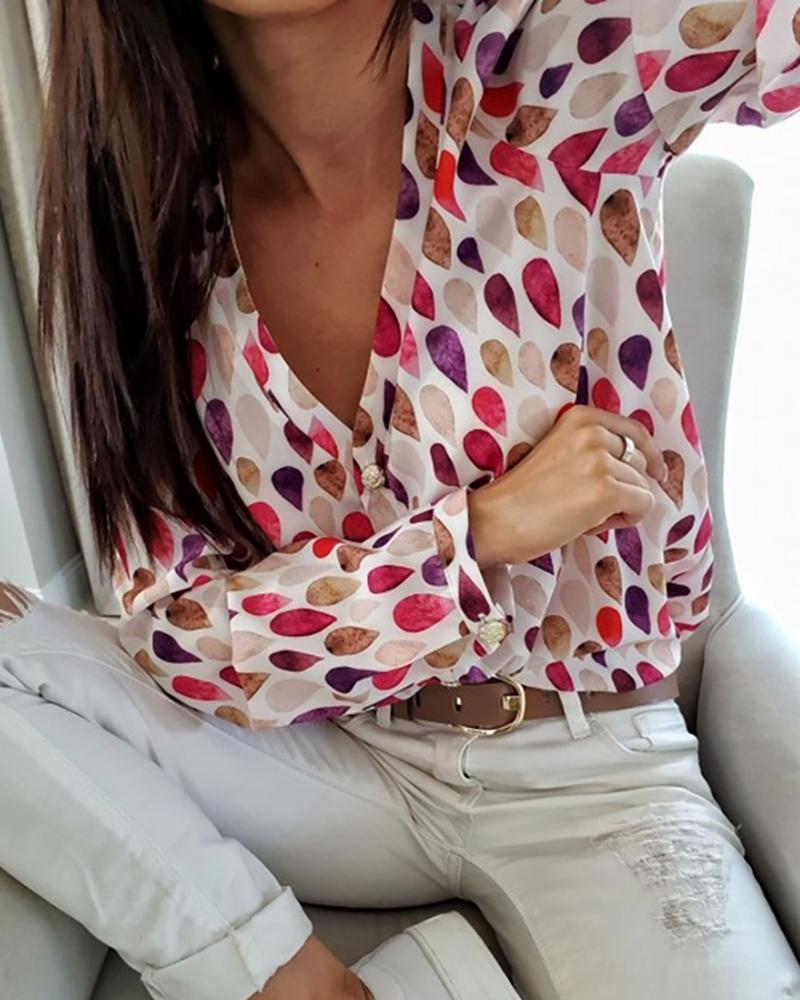 

V Neck Buttoned Abstract Print Blouse, Multicolor