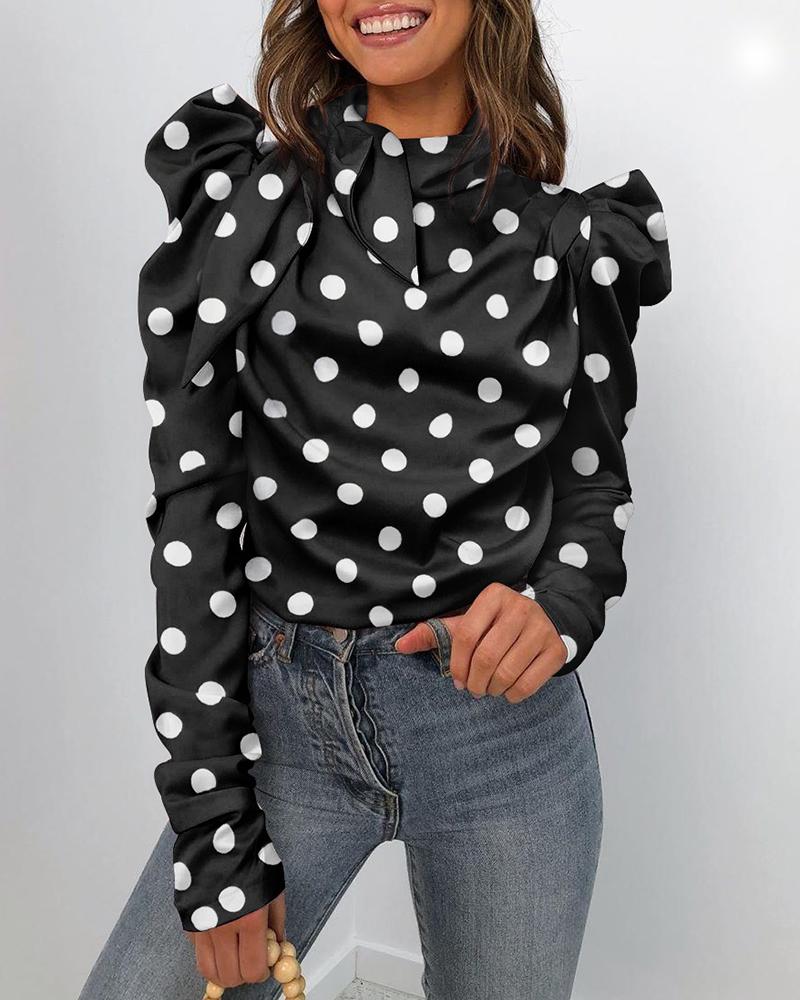 

Mock Neck Polka Dot Puff Sleeve Blouse, Black