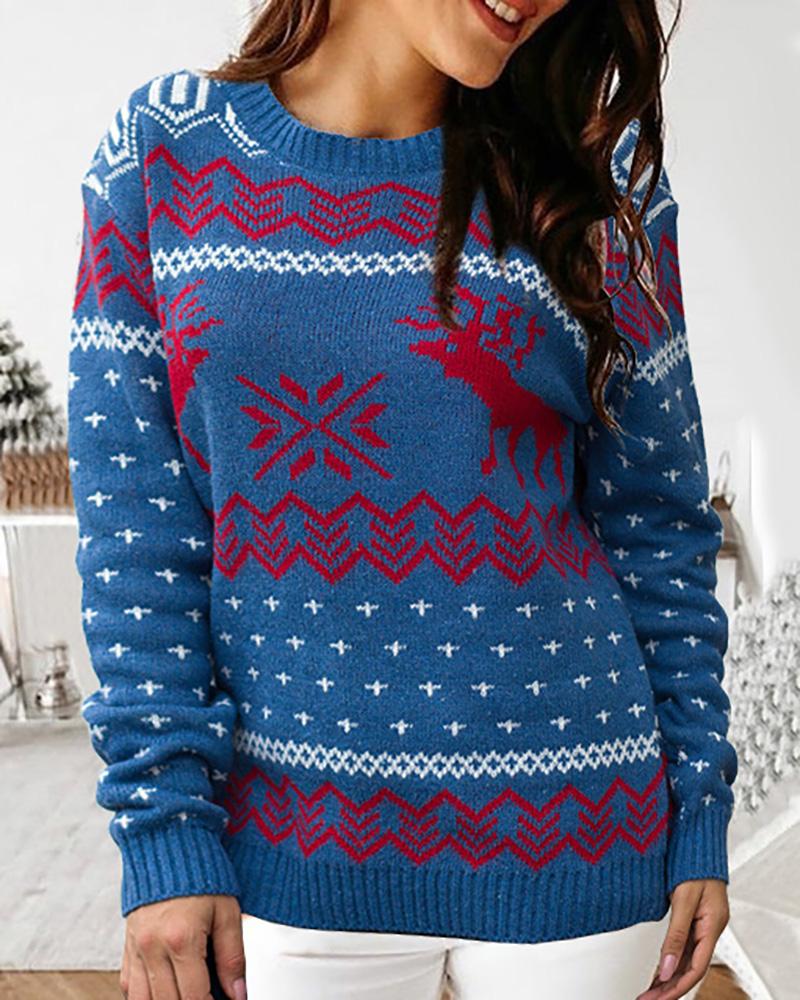 

Christmas Moose Print Colorblock Knit Ugly Sweater, Blue