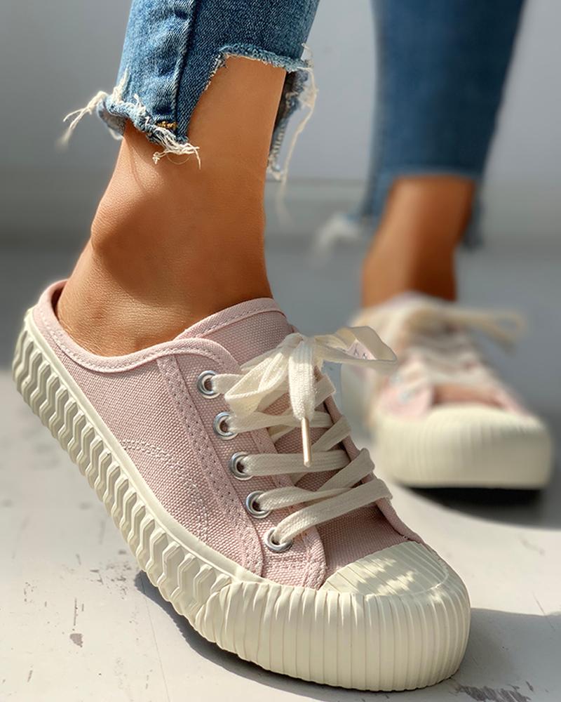 

Eyelet Lace-Up Pattern Epadrille Sneakers, Pink