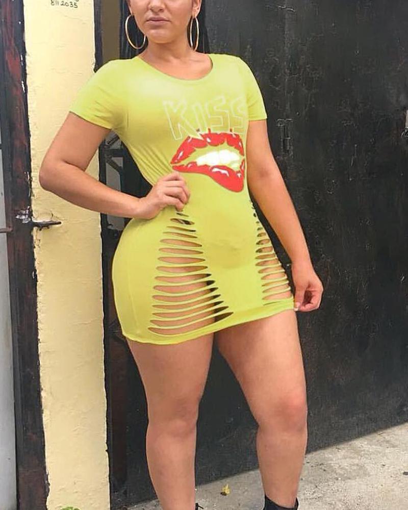 

Lip print Cut Out Mini Dress, Yellow