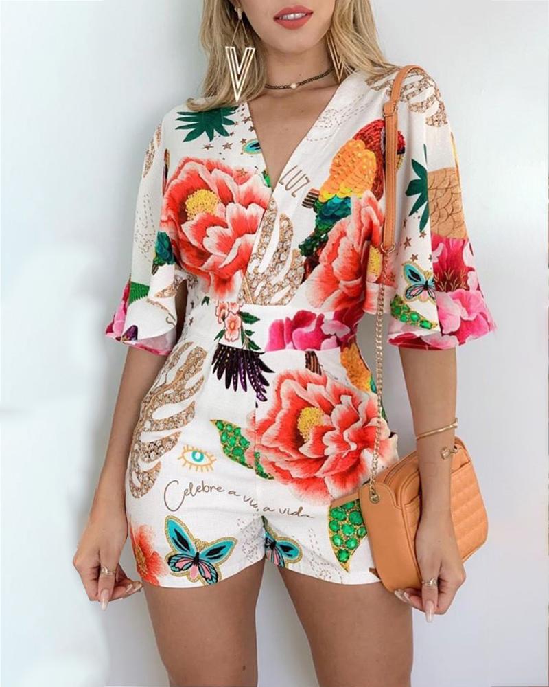 

Print Half Sleeve V-neck Backless Romper, Multicolor