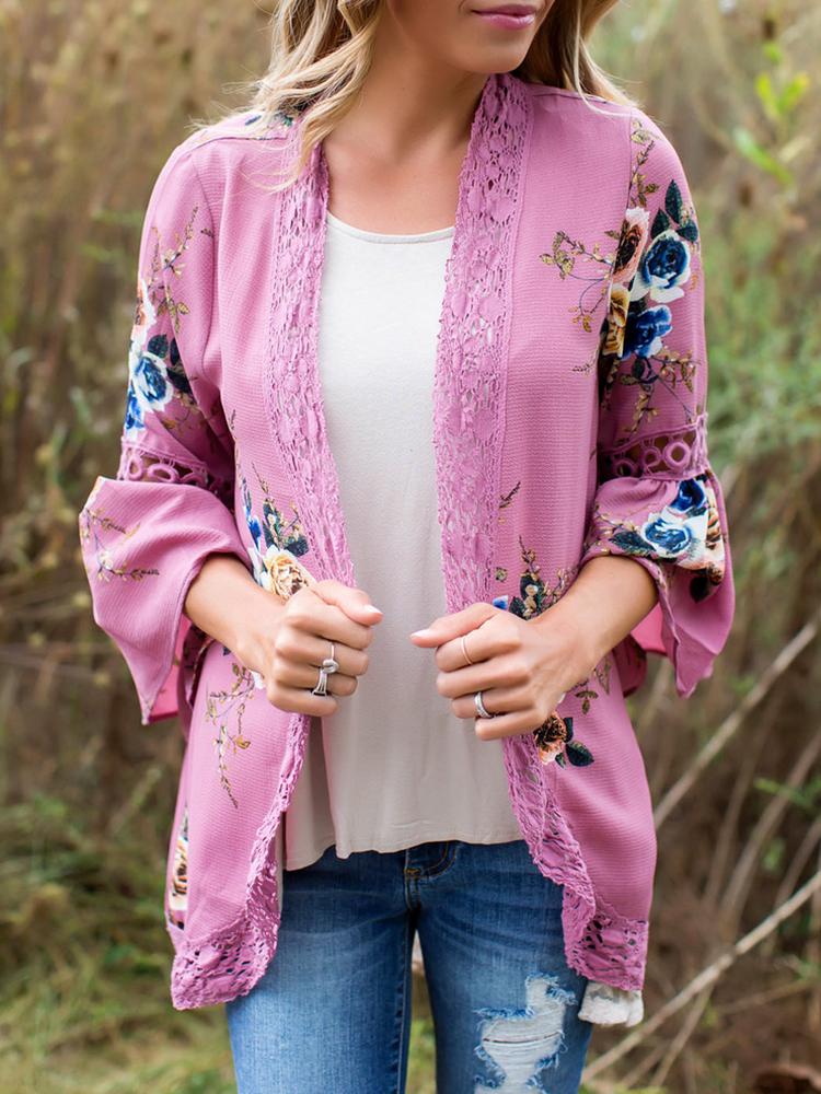 

Trendy Floral Print Lace Trim Flare Sleeve Cardigan, Blue
