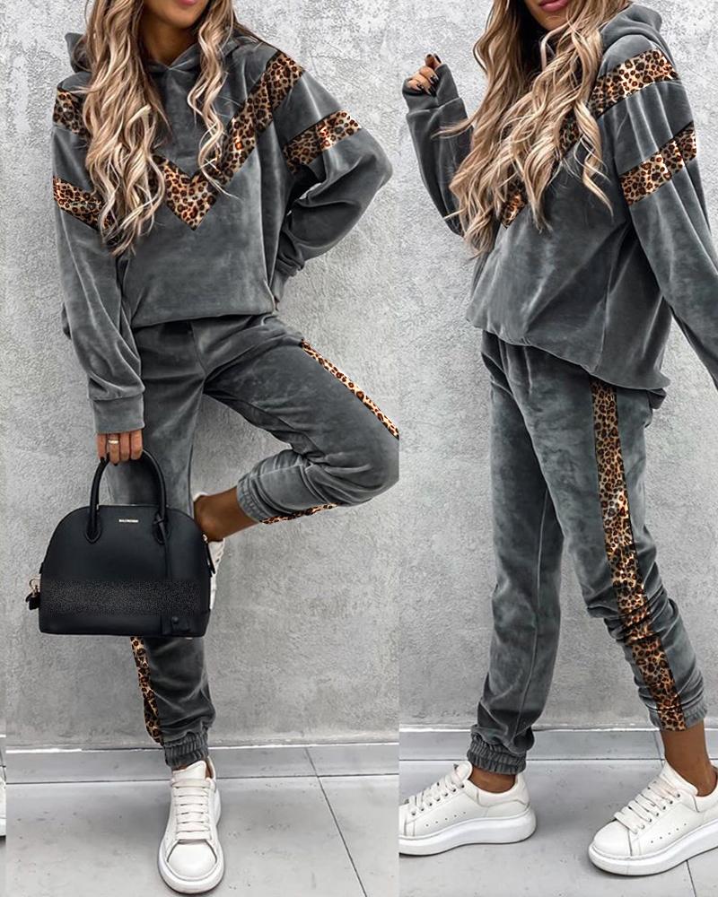 

Cheetah Print Long Sleeve Hooded Top & Pants Set, Gray