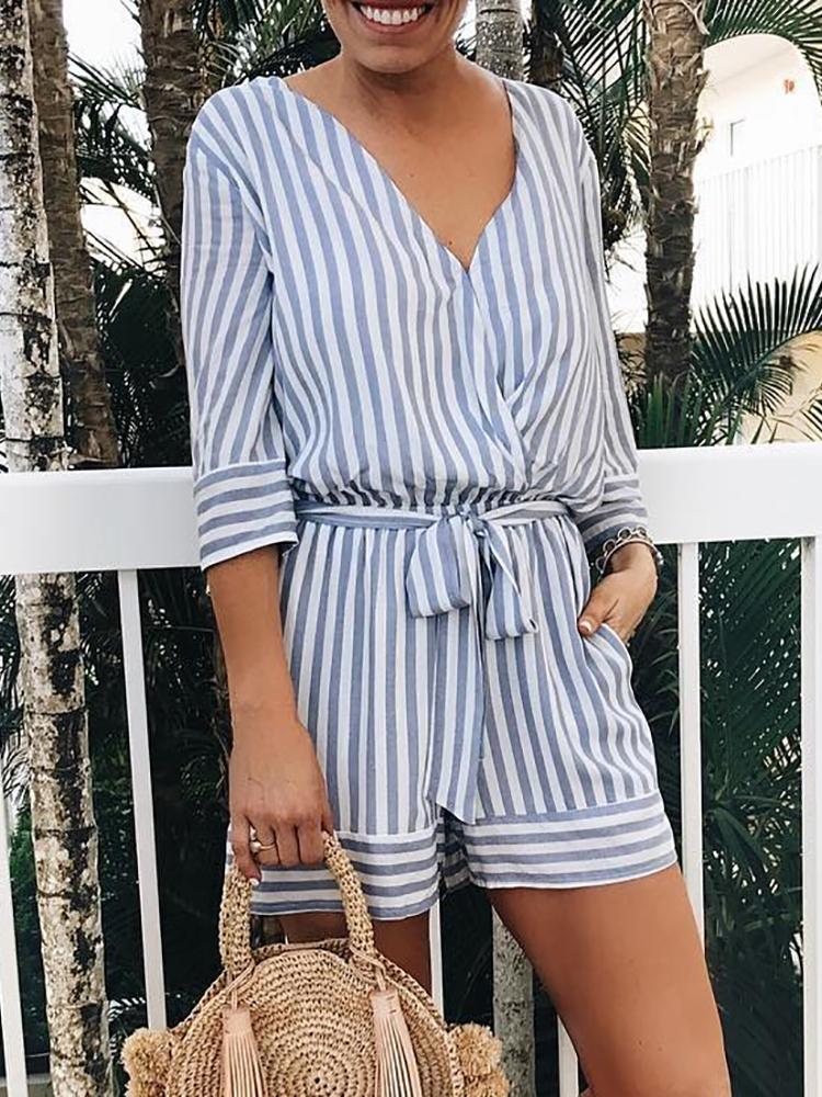 

Striped V Neck Tied Waist Wrap Playsuit, Blue