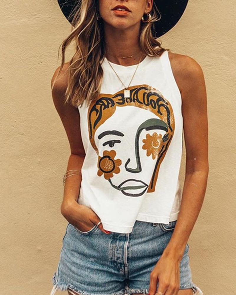

Print Round Neck Sleeveless T-shirt, White