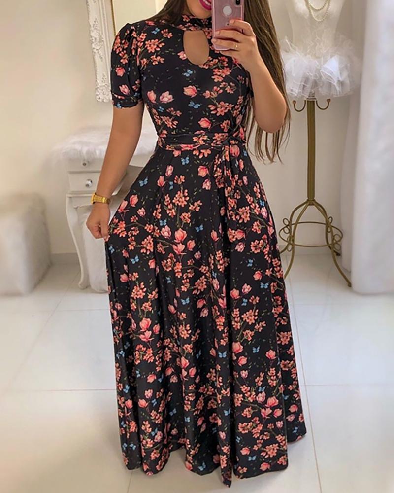 

Short Sleeve Cutout Floral Print Maxi Dress, Black