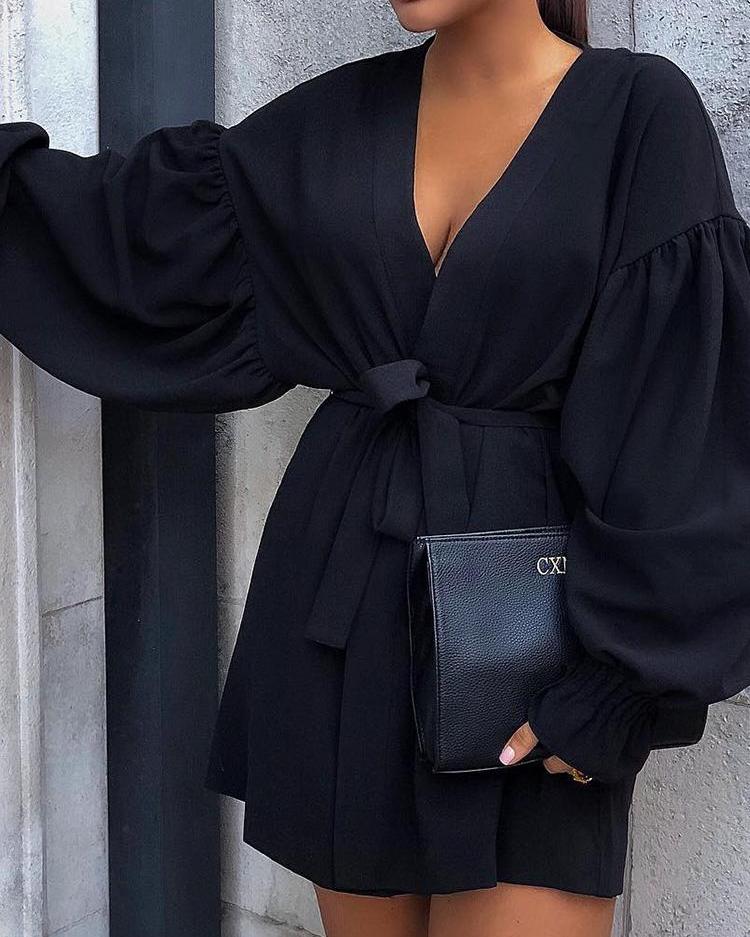 

Long Lantern Sleeve Belted Wrap Dress