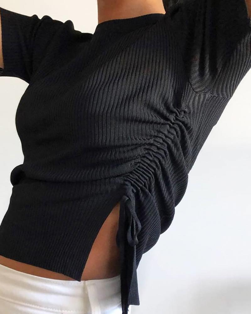

Bandage Ruched Short Sleeve Slit T-shirt, Black