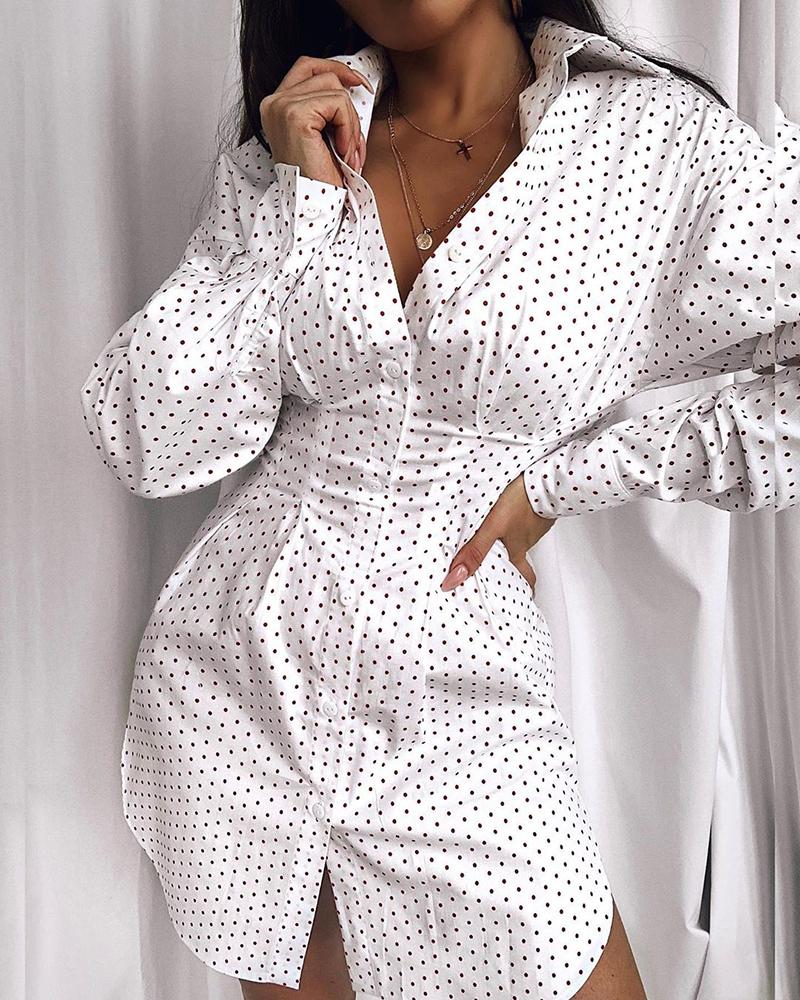 

Dot Print Tight Waist Long Sleeve Shirt Dress, White