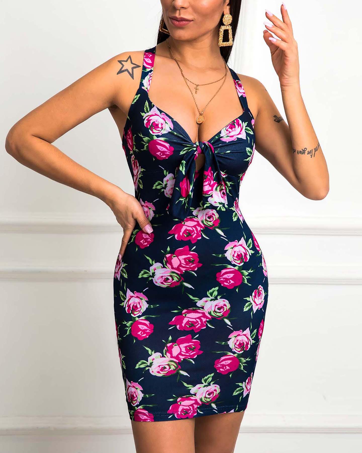 

Floral Print Crisscross Back Bodycon Dress, Multicolor