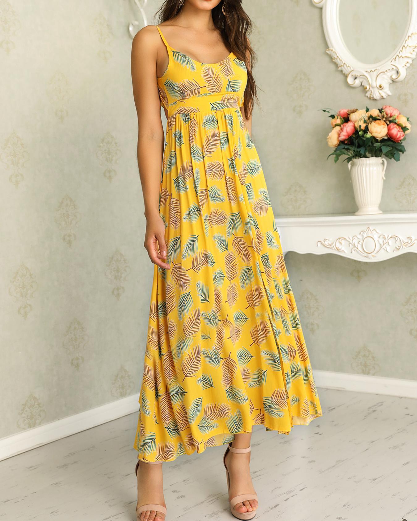 

Palm Print Knotted Open Back Casual Dress, Yellow