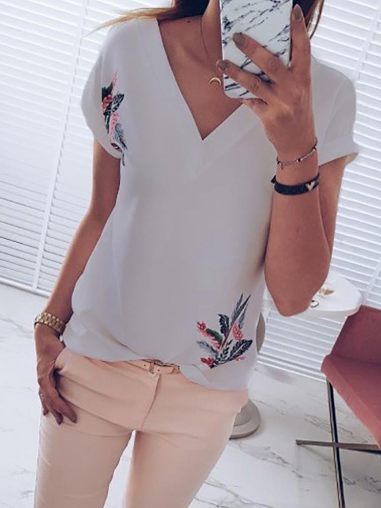 

Leaf Print V Neck Casual T-Shirt